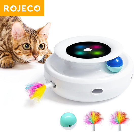 ROJECO 2 in 1 Smart Cat Toys Automatic Feather Fun Ball Toy Set - Happy Little Paw